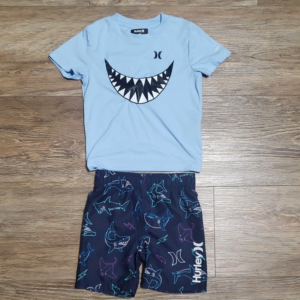Hurley Light Blue Shark Rash Guard Top with Navy Shark Pattern Shorts